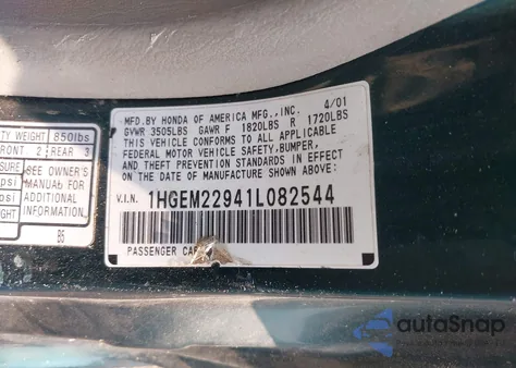 2001 Honda Civic Si/Ex z USA, uszkodzony, nr VIN 1HGEM22941L082544